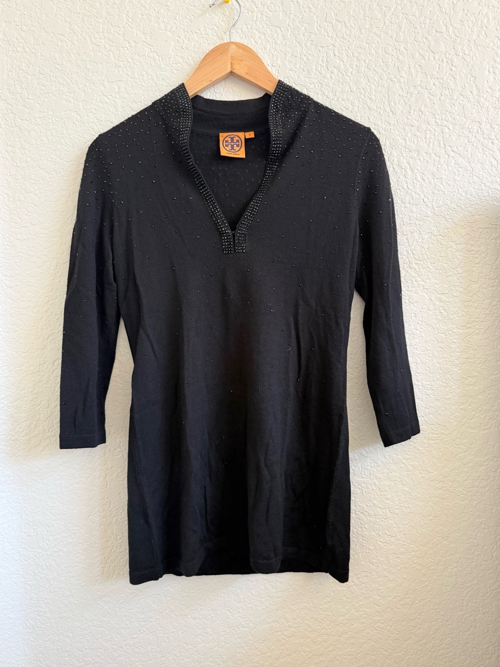 Tory Burch Black V-Neck Beaded Knit Tunic Sweater Mid Sleeve S